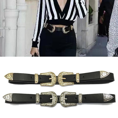 Classic Duo Leather Belt Bundle - Timeless Elegance in Black with Contrasting Silver and Gold Buckles