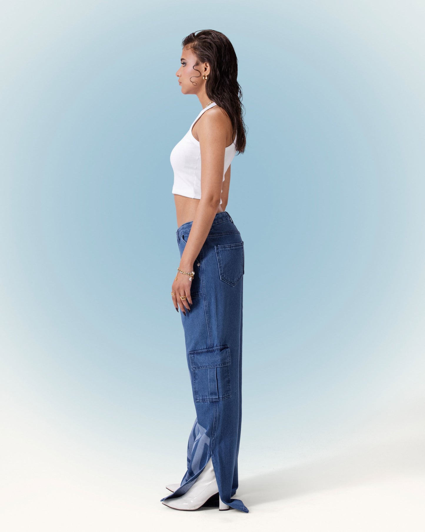 Wavy Laser Print Stripe Wide-Leg Denim Pant and Side Slits