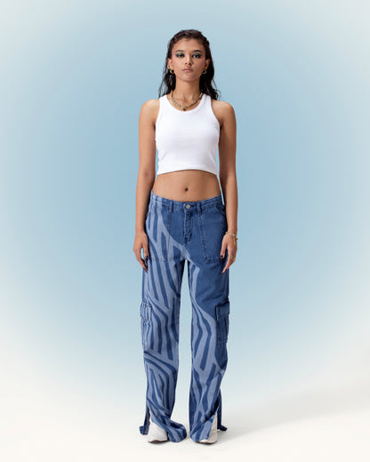 Wavy Laser Print Stripe Wide-Leg Denim Pant and Side Slits