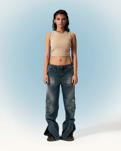 Cargo Pocket Wide-Leg Denim Jeans with Faded Wash and Side Slits