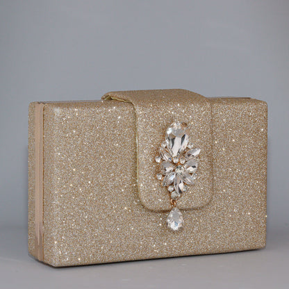 Opulent Gold Glitter Clutch with Exquisite Crystal Brooch