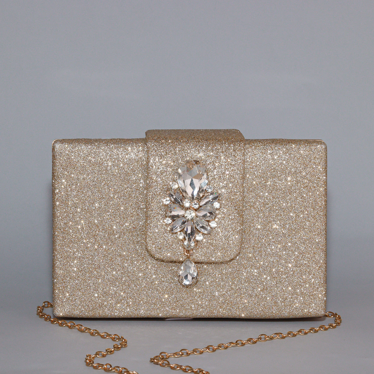 Opulent Gold Glitter Clutch with Exquisite Crystal Brooch