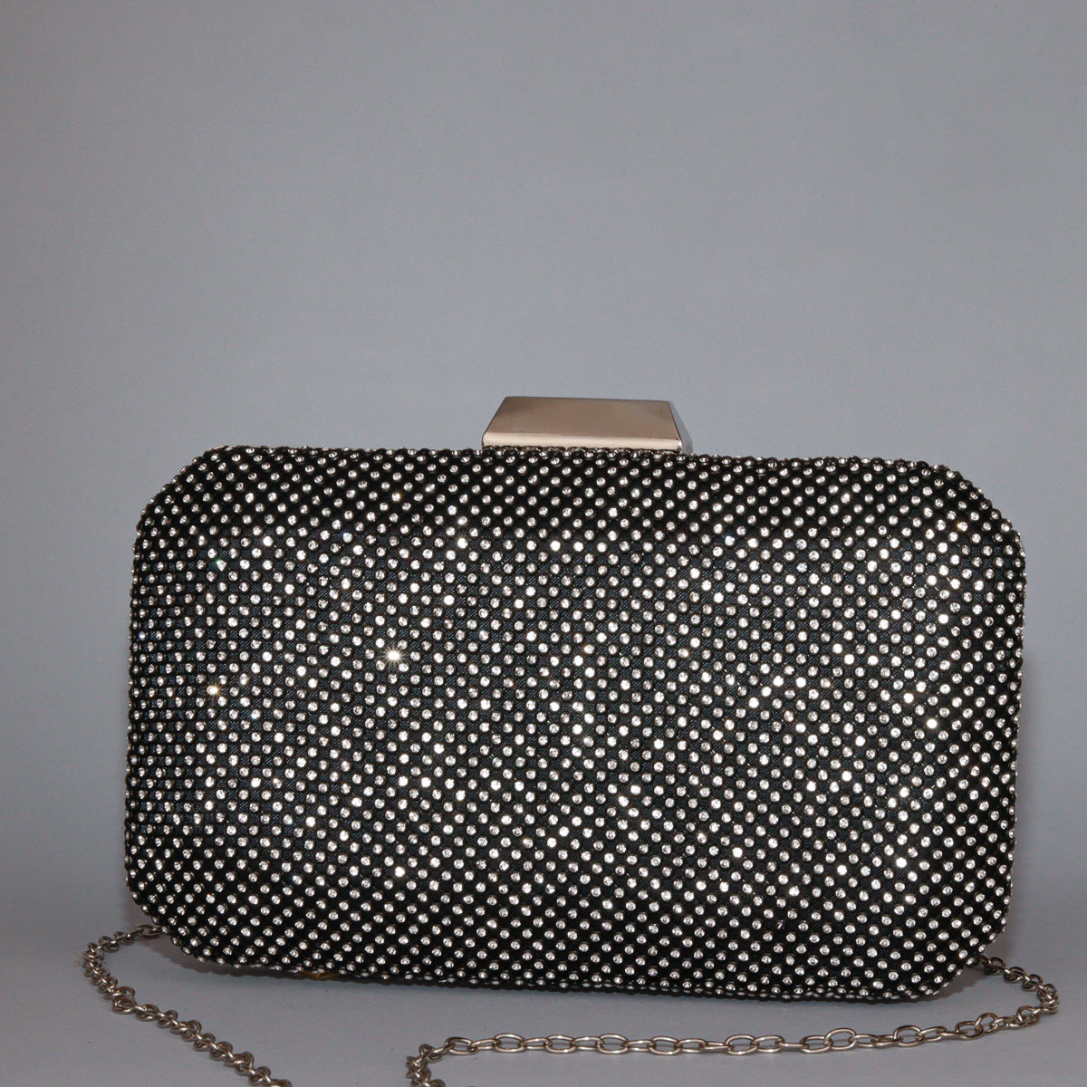 Black Rhinestone Evening Clutch with Silver Chain