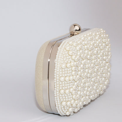 Elegant Pearl-Encrusted Clutch with Chic Metallic Gold Back