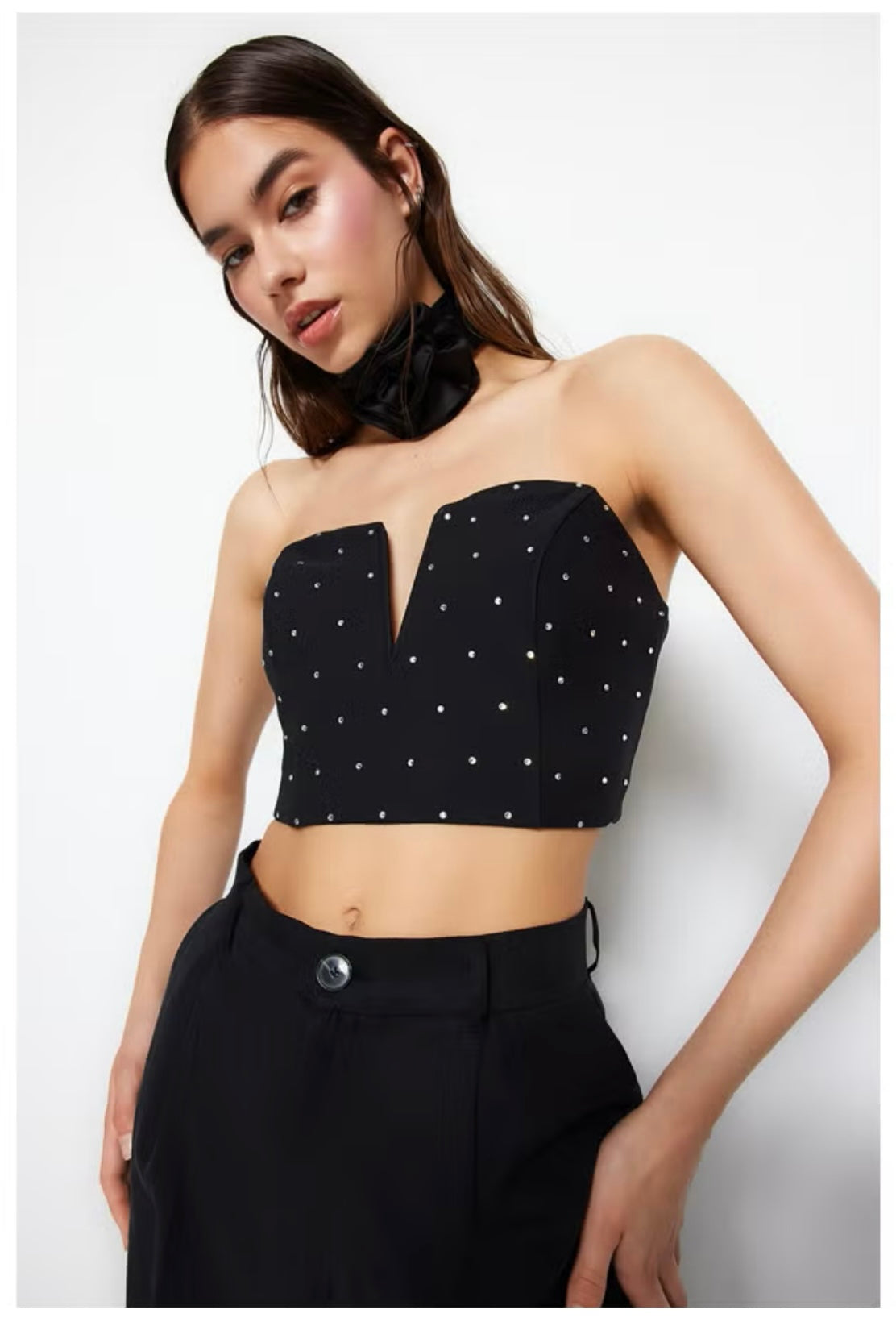 Strassy Strapless Black Studded Bustier Top with V-Cut Neckline