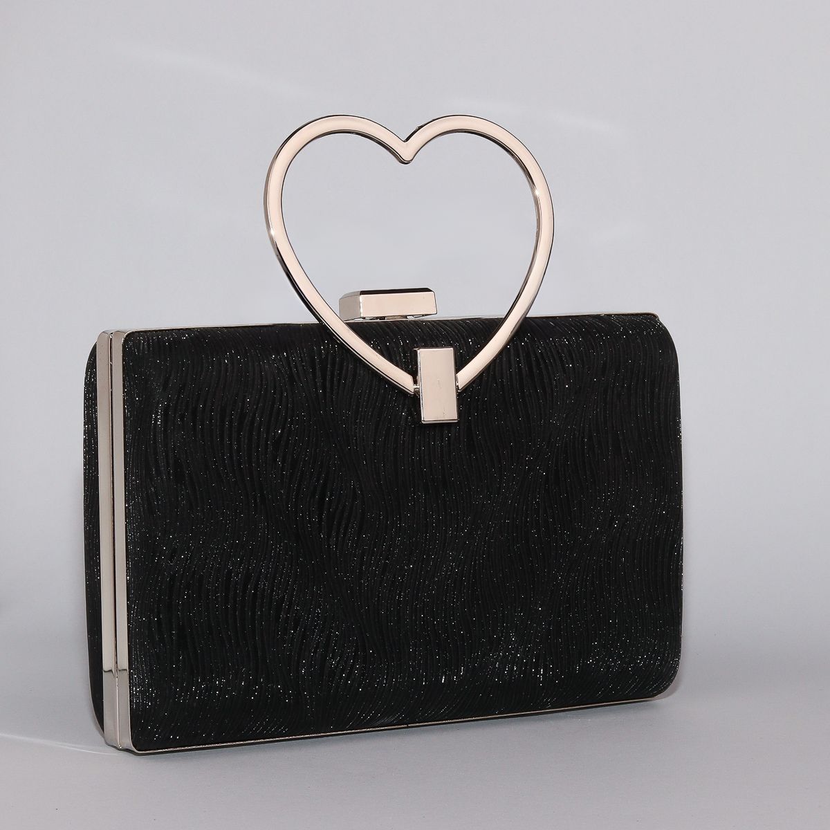 Wavy Pattern Shimmering Clutch with Heart-Shaped Handle