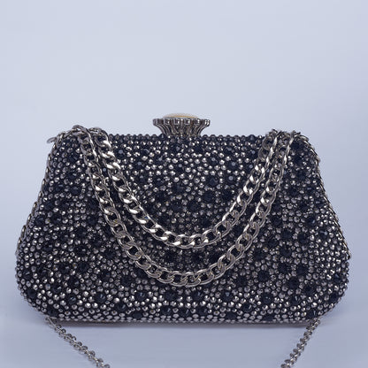 Vibrant Twilight Crystal-Encrusted Clutch with Gleaming double Chain Handle & Marble design lock