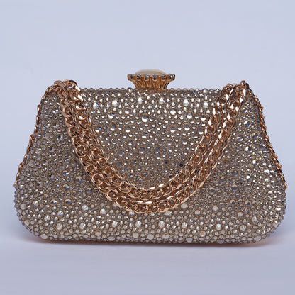 Vibrant Twilight Crystal-Encrusted Clutch with Gleaming double Chain Handle & Marble design lock