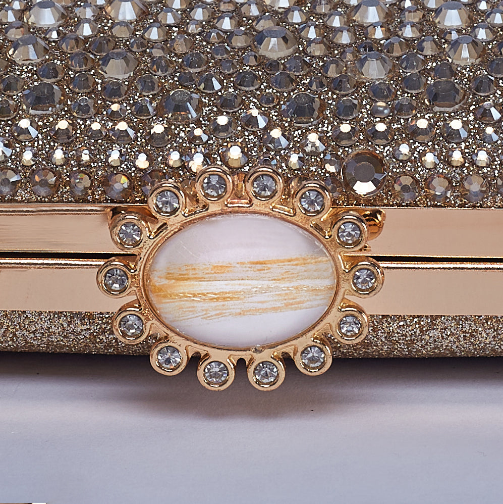 Vibrant Twilight Crystal-Encrusted Clutch with Gleaming double Chain Handle & Marble design lock