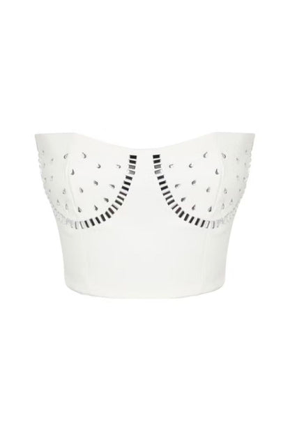 Elegant Strapless White Bustier Top with Embellished Silver Stud Details