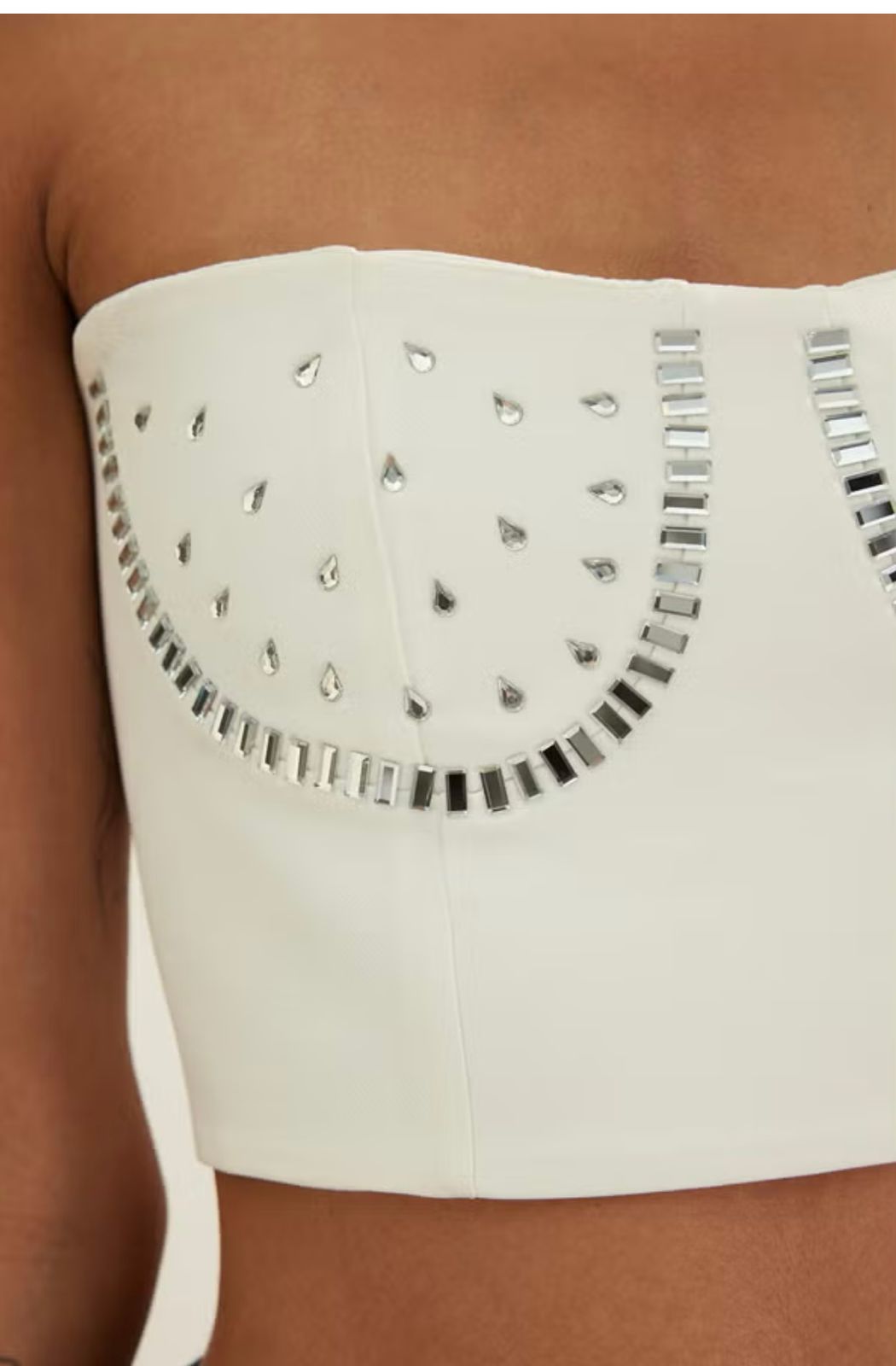 Elegant Strapless White Bustier Top with Embellished Silver Stud Details