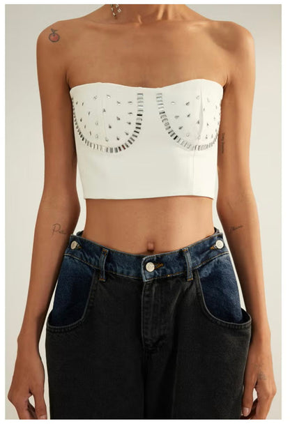 Elegant Strapless White Bustier Top with Embellished Silver Stud Details