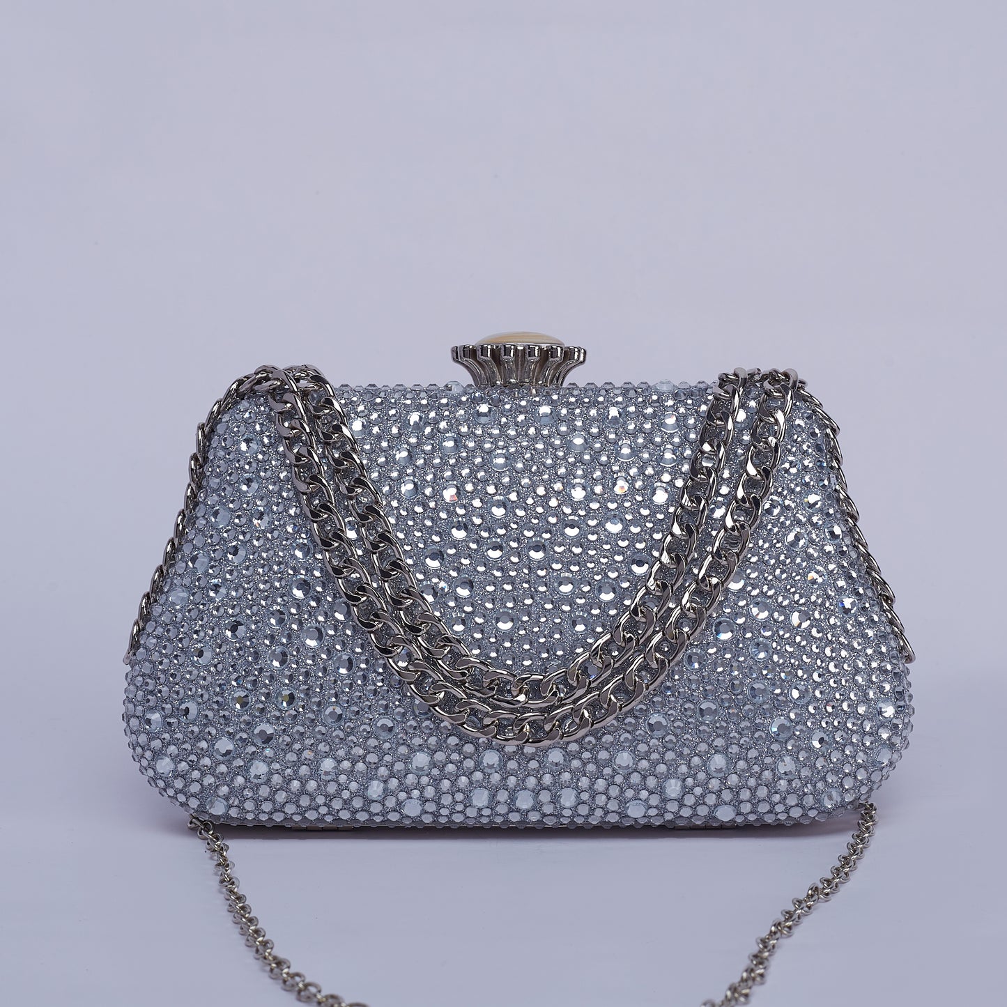 Vibrant Twilight Crystal-Encrusted Clutch with Gleaming double Chain Handle & Marble design lock