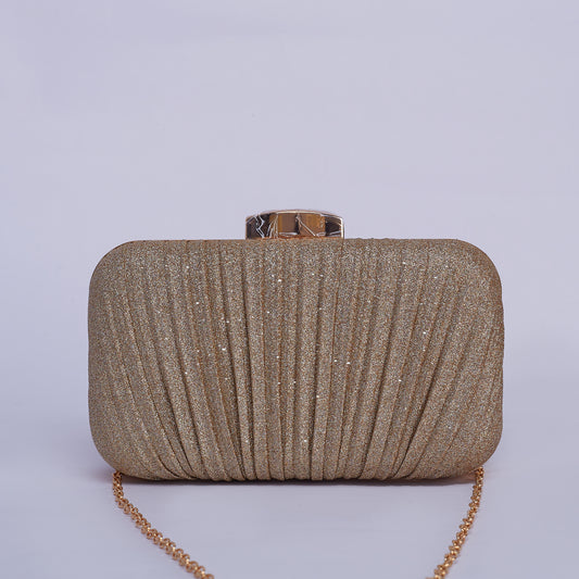 Gleaming Elegance Pleated Gold Glitter Clutch with Sleek Top Clasp