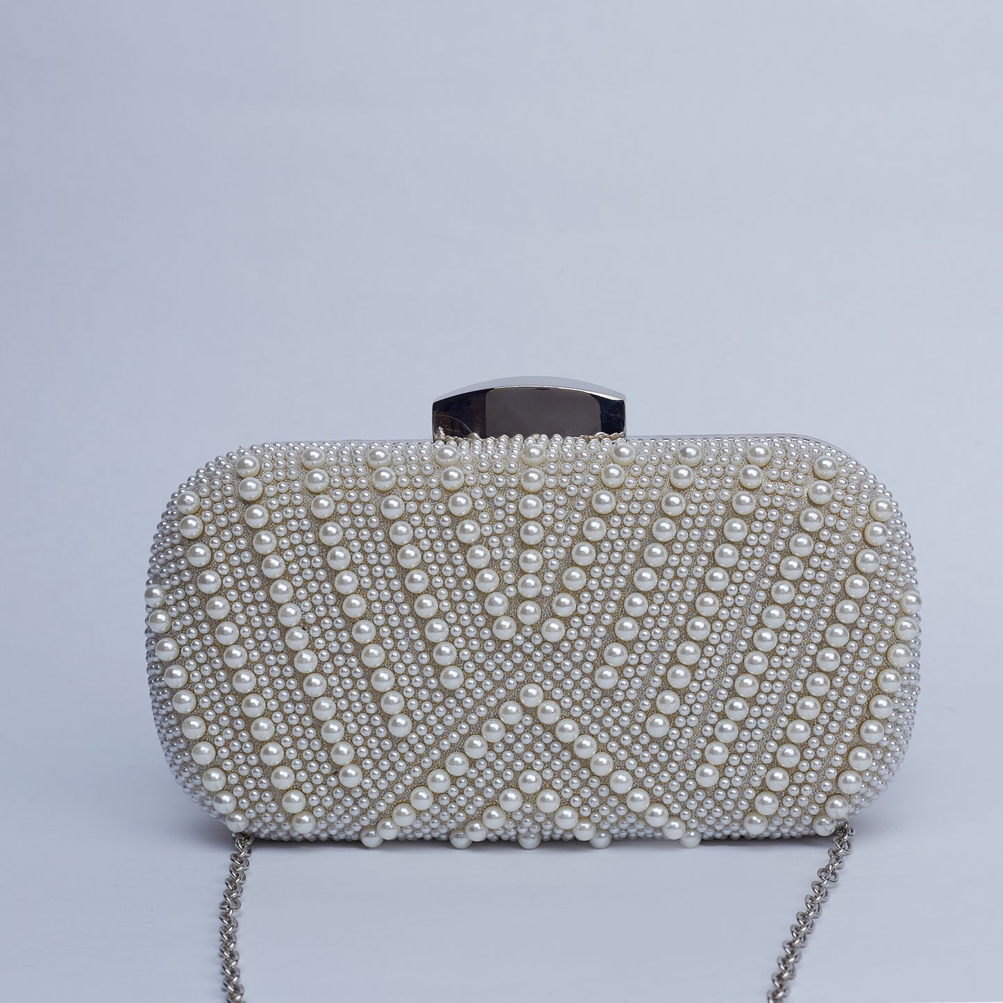 Crown Pearls beads embellished Clutch with Sleek Metallic Clasp & Golden Metalic Backside