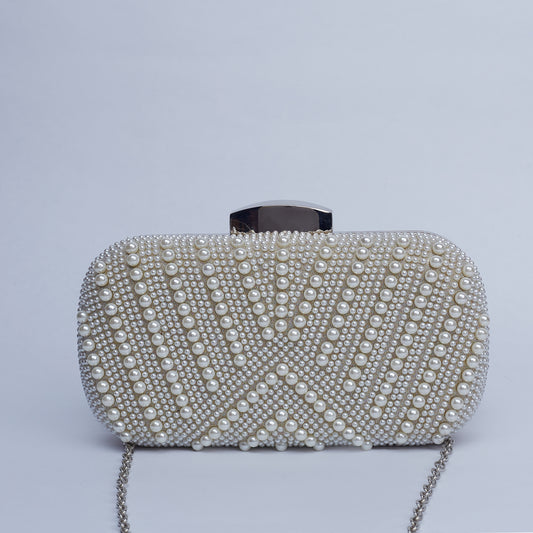 Crown Pearls beads embellished Clutch with Sleek Metallic Clasp & Golden Metalic Backside