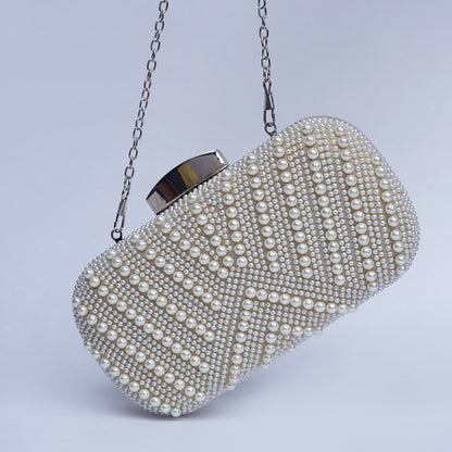 Crown Pearls beads embellished Clutch with Sleek Metallic Clasp & Golden Metalic Backside