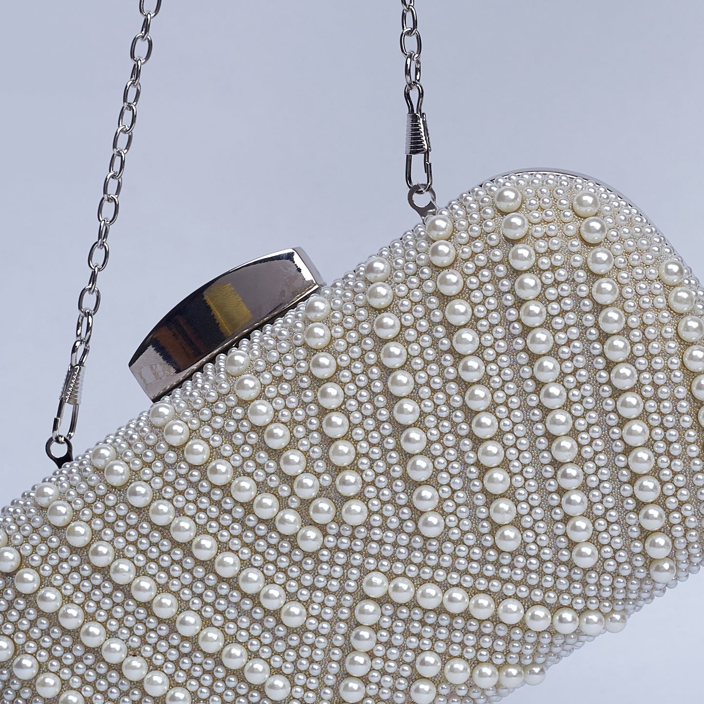 Crown Pearls beads embellished Clutch with Sleek Metallic Clasp & Golden Metalic Backside