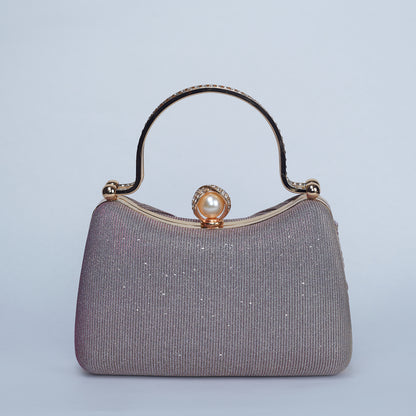 Evening Clutch with Crystal-Embellished Double Handle and Pearl-Encrusted Twist Lock