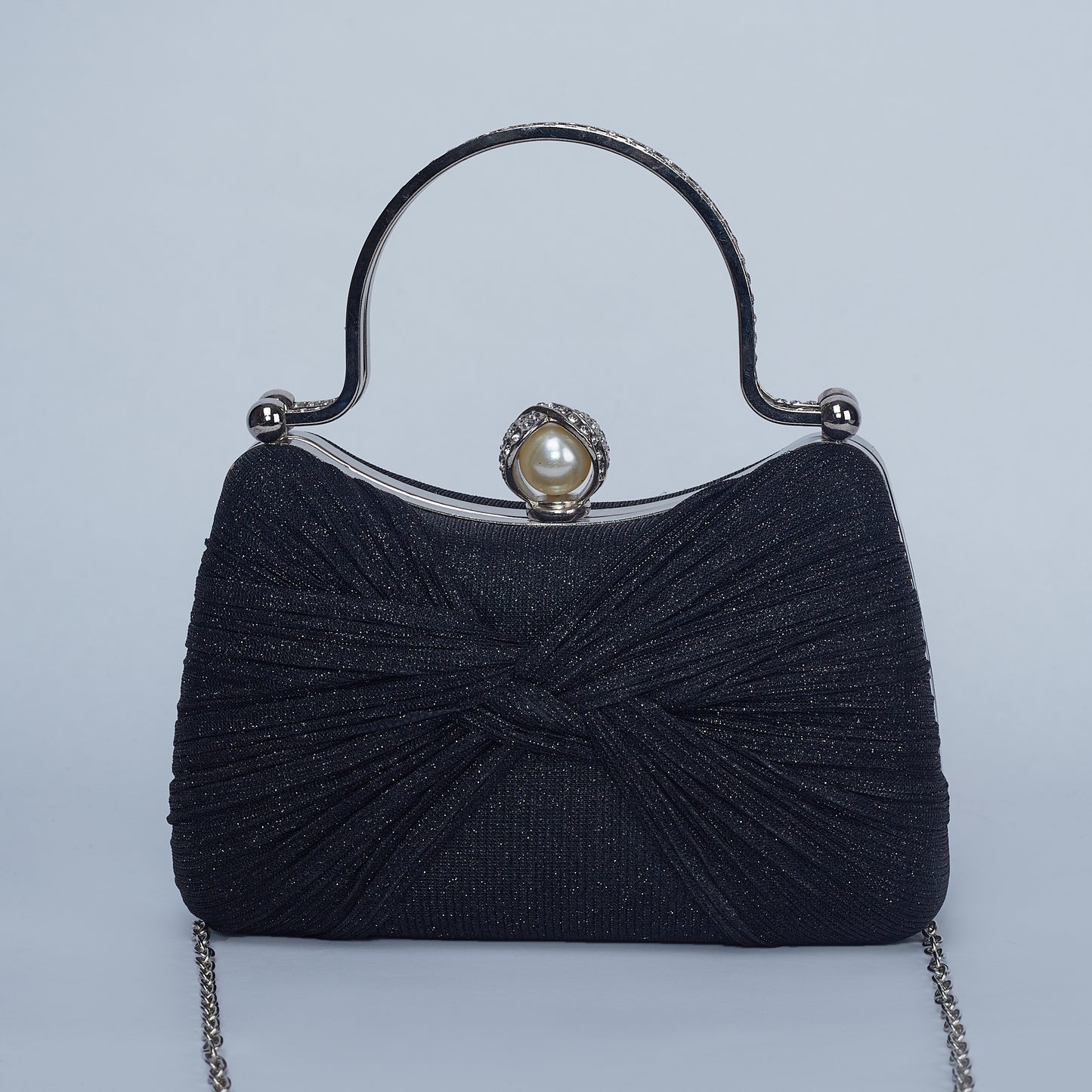 Evening Clutch with Crystal-Embellished Double Handle and Pearl-Encrusted Twist Lock