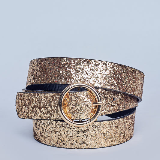 Sequined Belt with Gold-Tone Circular Buckle