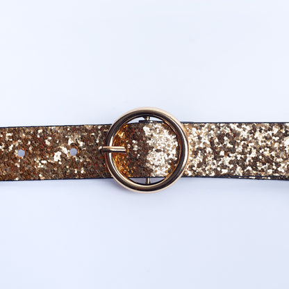 Sequined Belt with Gold-Tone Circular Buckle