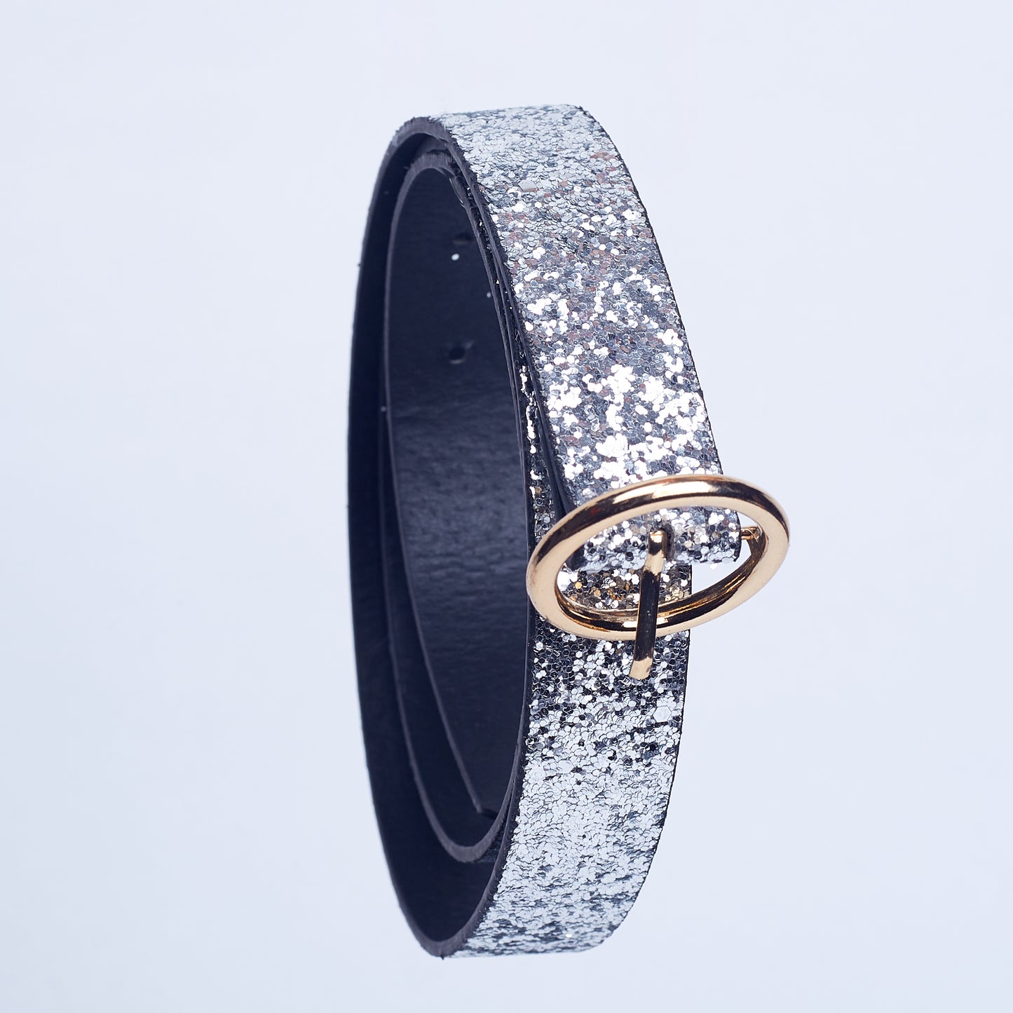 Sequined Belt with Gold-Tone Circular Buckle