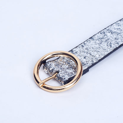 Sequined Belt with Gold-Tone Circular Buckle